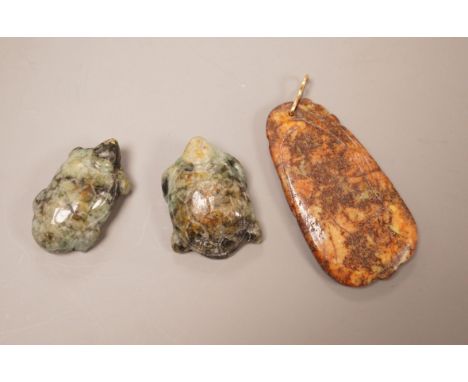 Two Chinese jade turtles and a brown jade cicada