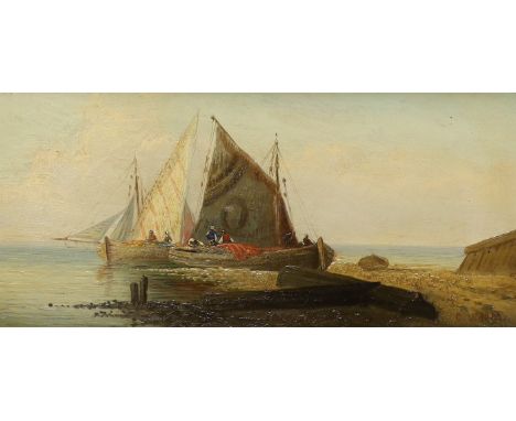 C. Walker (19th C.)  oil on mahogany panel, Fishing boats unloading the catch, signed, 14 x 30cm