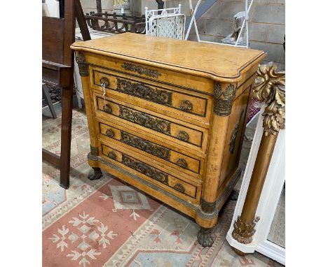 A reproduction gilt metal mounted bird's eye maple commode, width 89cm, depth 45cm, height 89cm