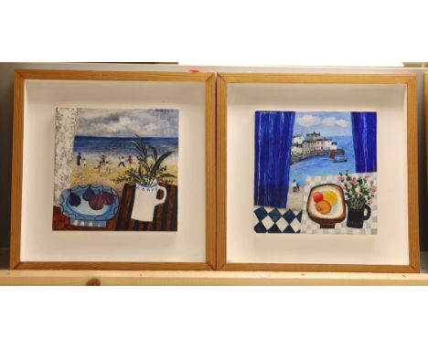 Brenda King (1934-2011), two oils on panel, 'Beach Game' and 'Dolly Pentreath', signed and dated '98, 20 x 20cm