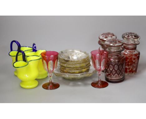 A pair of ruby flashed glass goblets, three ruby and glass pickle jars and other sundry glassware