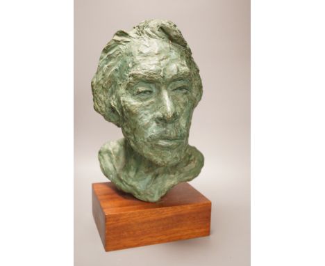 June Rolls, plaster bust of Larry Hodges on hardwood stand 42cm total height, Society of Portrait Sculptors 1978 exhibition a