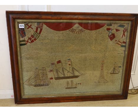 A 19th century wool work tapestry, ships of the Eddy Stone