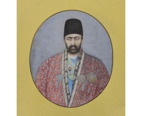 Persian School c.1900, gouache and watercolour on paper, Portrait of a nobleman, 19 x 16cm