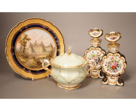 A 19th century Meissen sucrier, a Sevres style Chateau de Chambord plate and a pair of Paris porcelain scent bottles