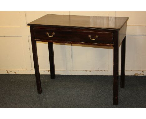 A George III style rectangular mahogany side table with single drawer, drop handles, on square chamfered legs, 91cm