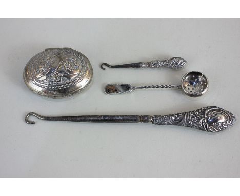 A Victorian silver sifter spoon marked Guernsey with stone inlay, maker Joseph Cook & Son, Birmingham 1897, together with two