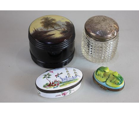 A white enamel oval dressing table box, the lid decorated with a garden, 7.5cm, a Limoges pot with toads, a  Russian painted 