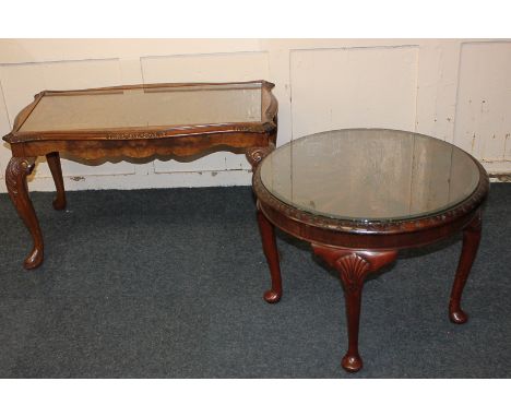 A mahogany circular coffee table with glass top and carved border, on shell carved cabriole legs, 60cm, together with a recta