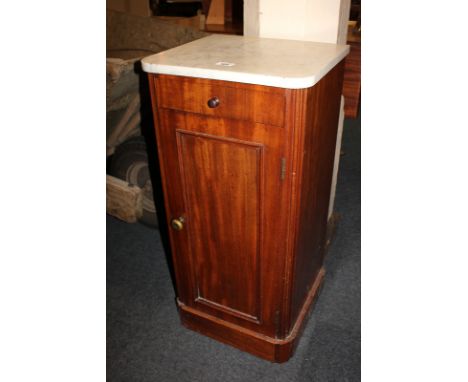 A marble top mahogany bedside cupboard, with drawer and panel door enclosing shelf, on plinth base, 38cm