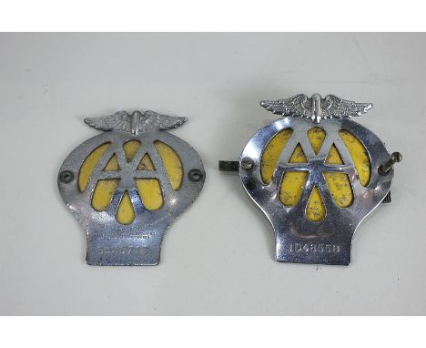 Two AA metal and yellow enamel car badges for the Automobile Association