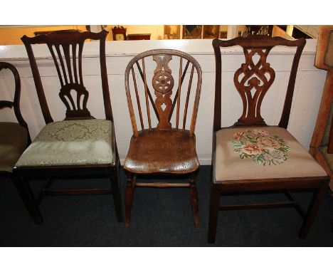 Two Chippendale style mahogany dining chairs, one with pierced vase splat, the other a ribbon splat with tapestry seat, and a