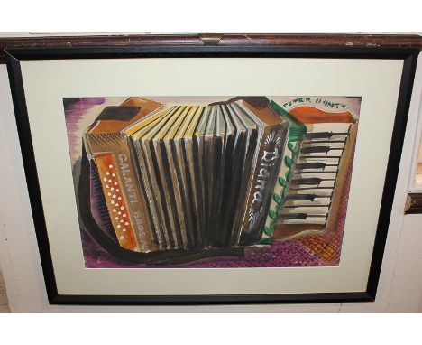 Peter Hunt, folk art, study of an accordion, watercolour, signed, 33cm by 49cm