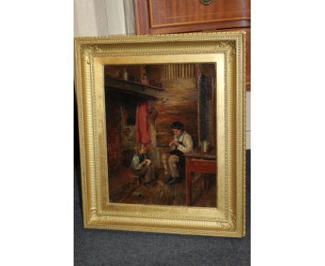 Follower of Nicol, interior scene with seated figure playing a flute beside a young boy, oil on canvas, bears signature, 50cm