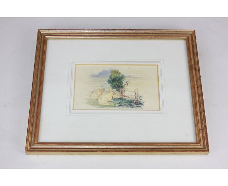 19th century school, group of sheep beside a gate, watercolour, initialled W. A. C., 7cm by 12cm