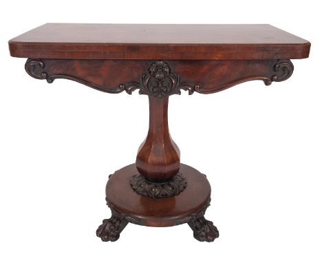 An early Victorian rosewood folding card table, mid 19th century; the hinged top with moulded edges, opening to later baize l