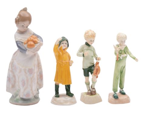 Three Royal Worcester porcelain figures, modelled after originals by Freda Doughty, comprising Woodland Walk, Fisherman and L