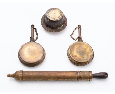 A Thrupp & Maberly, London, brass tractor wheel nut, together with a Nest Hill brass grease gun, and two brass oil cans. (4)
