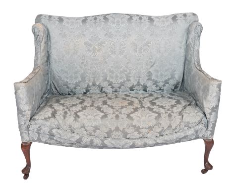 A Victorian teal Damask upholstered two seat sofa in George I style, late 19th century; the back with serpentine top, above s