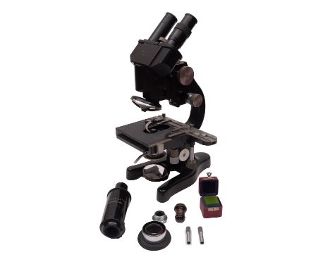 Ernst Leitz Wetzlar, A Binocular Microscope, serial number 385693, black frame with rack and pinion coarse/fine adjust focus,