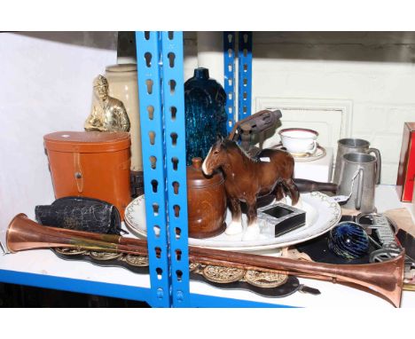 Pair of binoculars, two copper horns, horse brasses, Beswick horse, Stoneware barrel, Daimler sign, bellows, brass miner figu