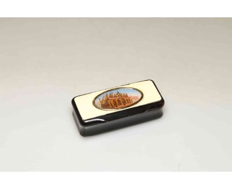 19th Century lacquered and ivory snuff box, inset with a titled oval miniature 'St. Marc'