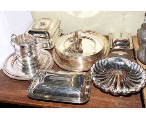 Collection of silver plated wares including two Christofle Fleuron shell shaped bowls, tureens, bottle stand, plates, etc.