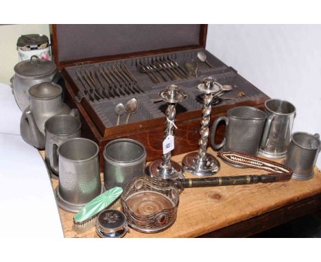 Oak part canteen of cutlery, pewter tankards, pair of plated candlesticks and bottle stand, silver ring box, silver and ename