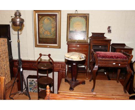 Wrought iron standard oil lamp, three tier mahogany folding cakestand, Victorian mahogany revolving piano stool and early 20t