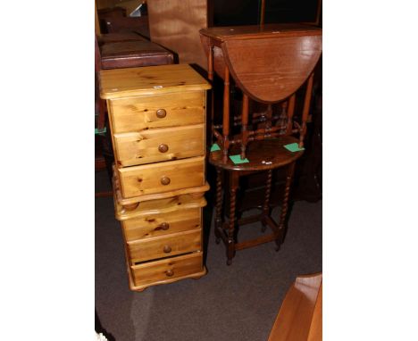 Pair pine three drawer pedestals, small mahogany gate leg table, oval oak barley twist occasional table and open wall shelves