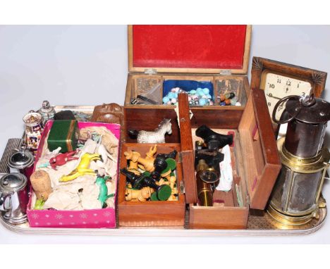 Tray of collectables including Jaques Staunton boxwood and ebony chess set with crown stamps (Kings 6.5cm), microscope, miner