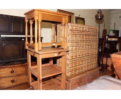 Pine bathroom shelf unit, oak nest of two tables and large rattan storage stool (3)