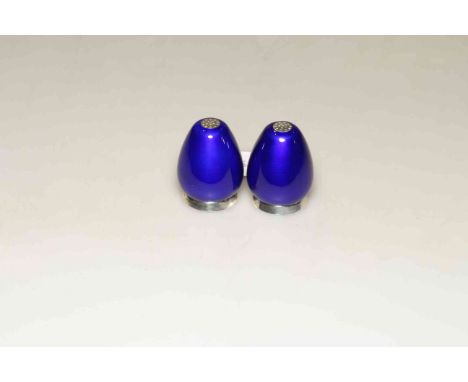 Pair of silver and blue enamel pepperettes