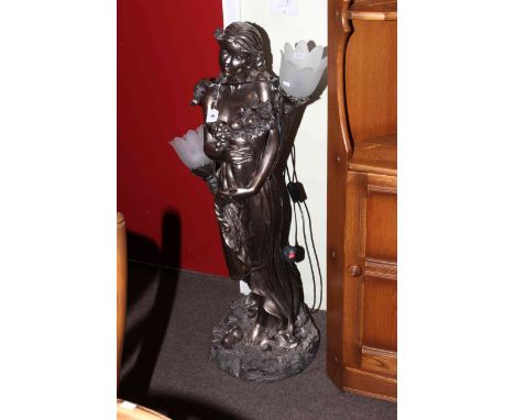 Large bronze effect lamp in the form of maiden with fruit