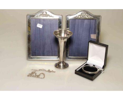 Two silver picture frames, silver vase, etc