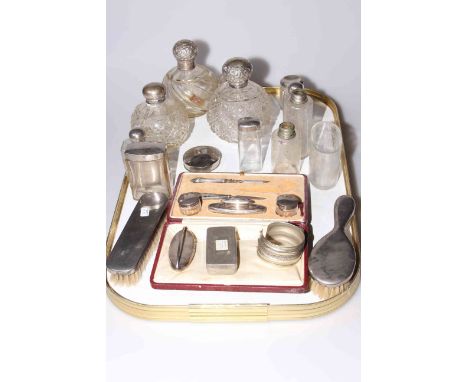 Collection of silver topped and other toilet jars, silver part manicure set, etc