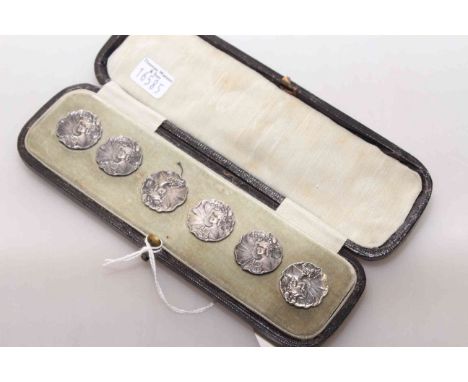 Set of six Art Nouveau silver buttons in a fitted case