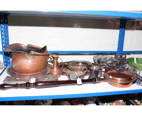 Collection of metalwares including silver plated tea set, copper warming pan, three graduated copper pans, coal scuttle, silv