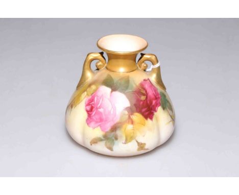 Royal Worcester two handle vase painted with roses, shape no. 155, 8cm high