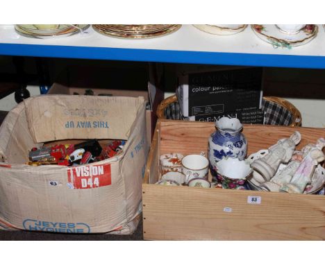 Model vehicles, ceramic tiles, bisque figures, vases, china and Victorian walnut whatnot