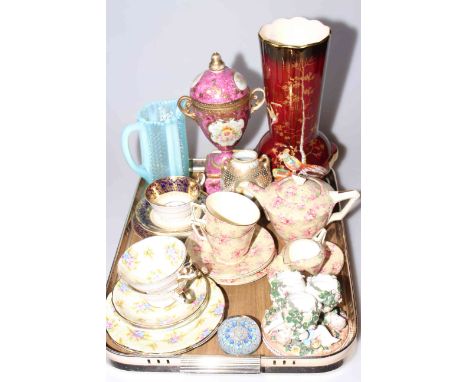 Aynsley trio and other teaware, Continental china egg stand, Crown Devon Rouge Royale vase, Noritake vase and cover, etc