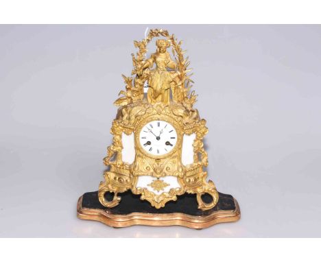 French 19th Century gilt metal mantel clock mounted with figure of a maiden under arbour with enamel dial