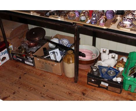 Trunk and four boxes of glass, china, records, warming pan, stone bottle, pair of pottery dogs etc