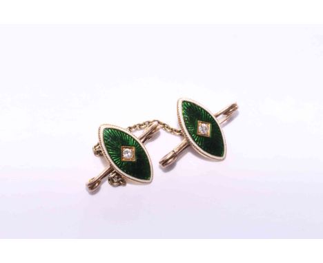 Pair of 18 carat gold, enamel and diamond cloak pins