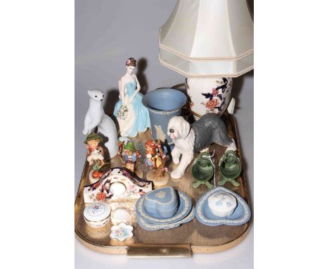 Masons table lamp and clock, Coalport and three Hummel figures, USSR stoat, Wedgwood and other china