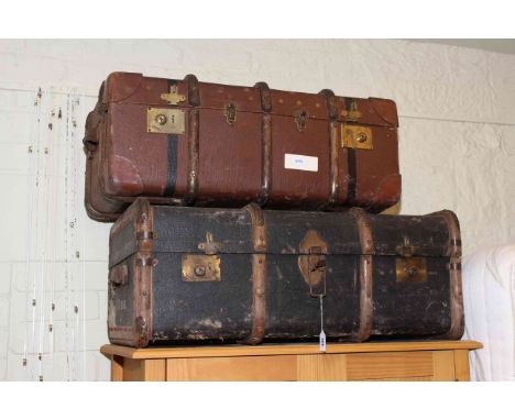 Two vintage travelling trunks, Vono card table, walnut easel mirror, oak twist leg stool, needlework panel firescreen, painte