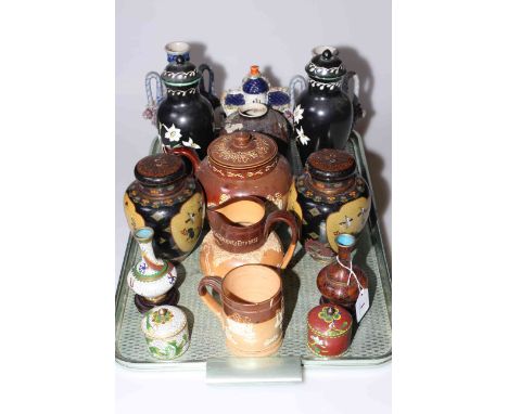 Collection of 19th Century pottery including Doulton Lambeth teapot, jug and mug, Staffordshire pastel burner and vases, Cloi