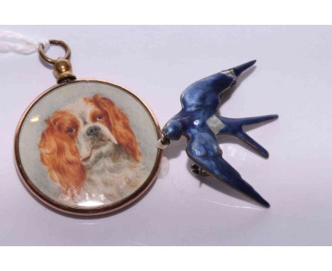 Miniature painting of a dog and a French enamel bird brooch (2)