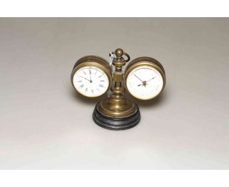 19th Century gentleman's library brass desk clock and barometer