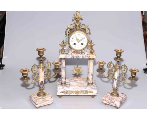19th Century French marble and gilt metal clock garniture, the clock with enamel dial painted with floral swags